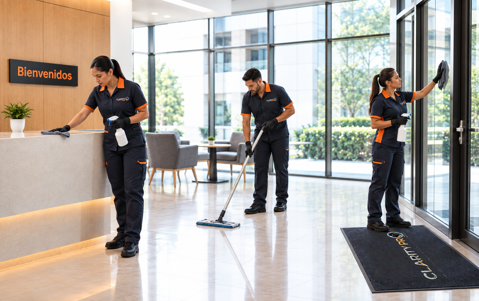 Equipo profesional de CLARITY PRO realizando limpieza corporativa en una oficina